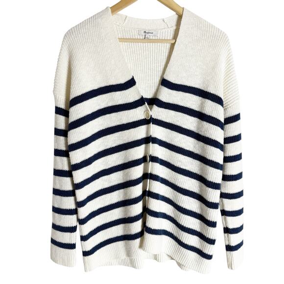 Madewell V-Neck Button-Front Ivory Striped Oversized Cardigan Sweater Size Small - Picture 2 of 10